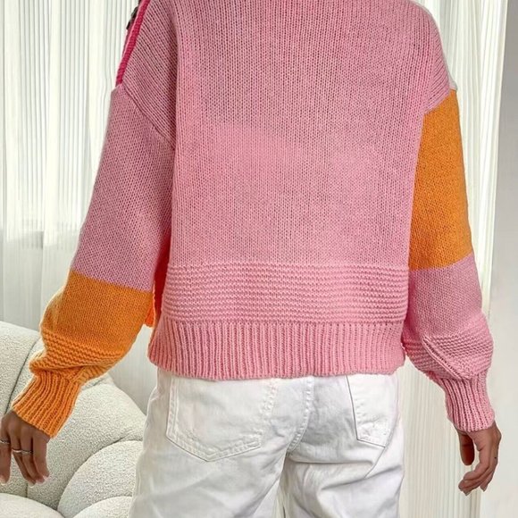Women Open Knit Sweater Cardigan Medium Pink Orange Colorblock Fruit Embroidery - Picture 5 of 15